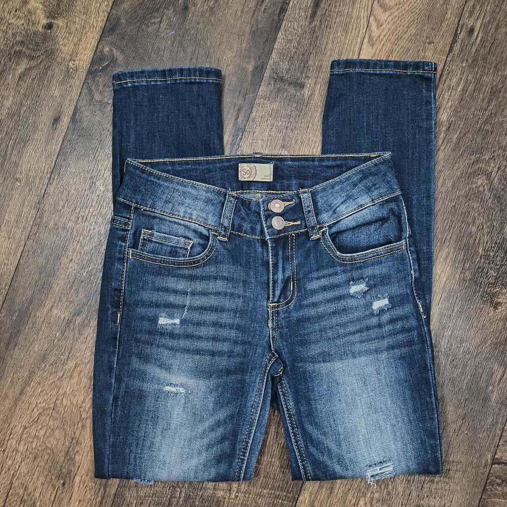 SO Women's Dark Blue Distressed Skinny Jeans